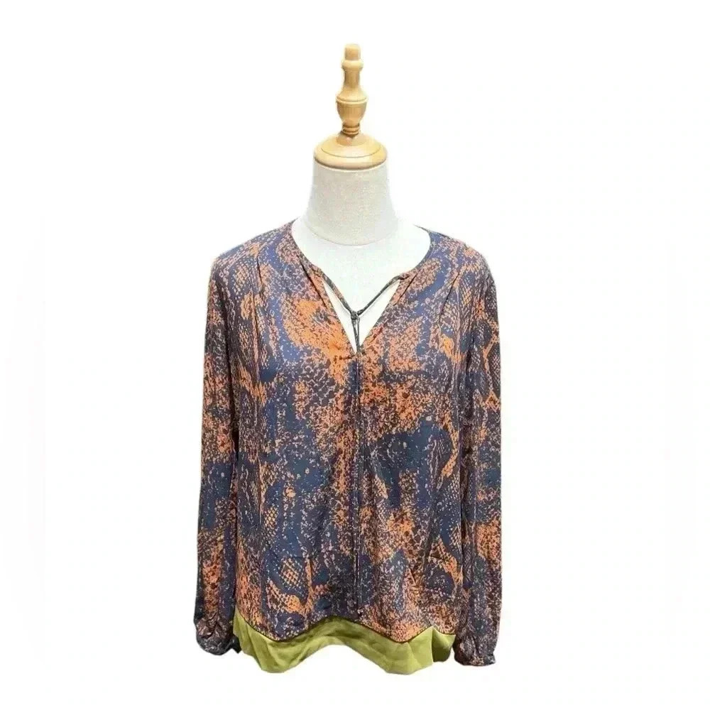 Cabi Python Print Border Wrap Blouse Navy Rust Ol… - image 2